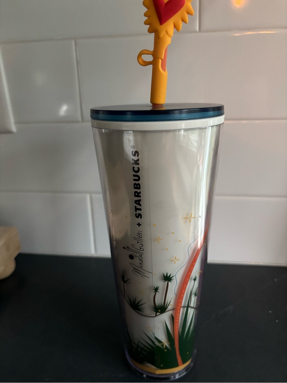 Starbucks White Tumbler with Green and Orange Botanical Accents